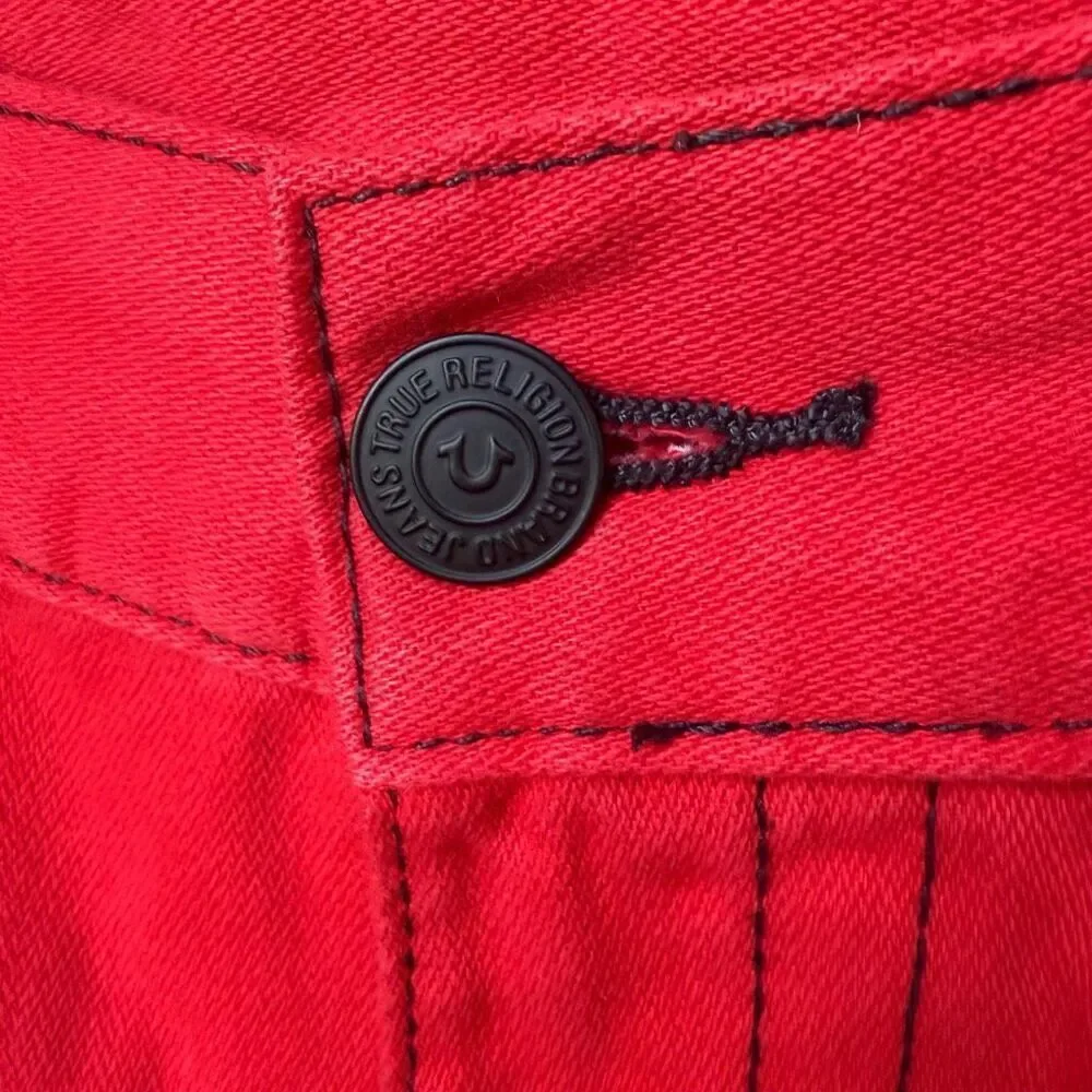 NWOT True Religion Rocco Active Moto Denim Jeans Cho Red Black Stitching $229 36